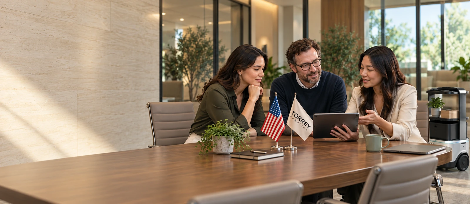 AI-generated illustration of three professionals discussing robotics in a meeting room with Torrey Robotics and U.S. desk flags
