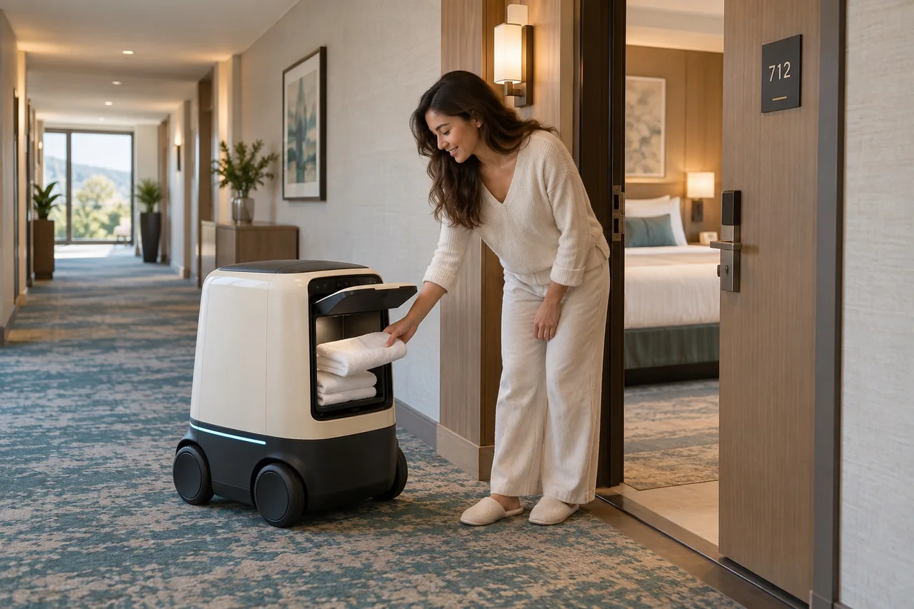 hotel guest collecting towels from a delivery robot
