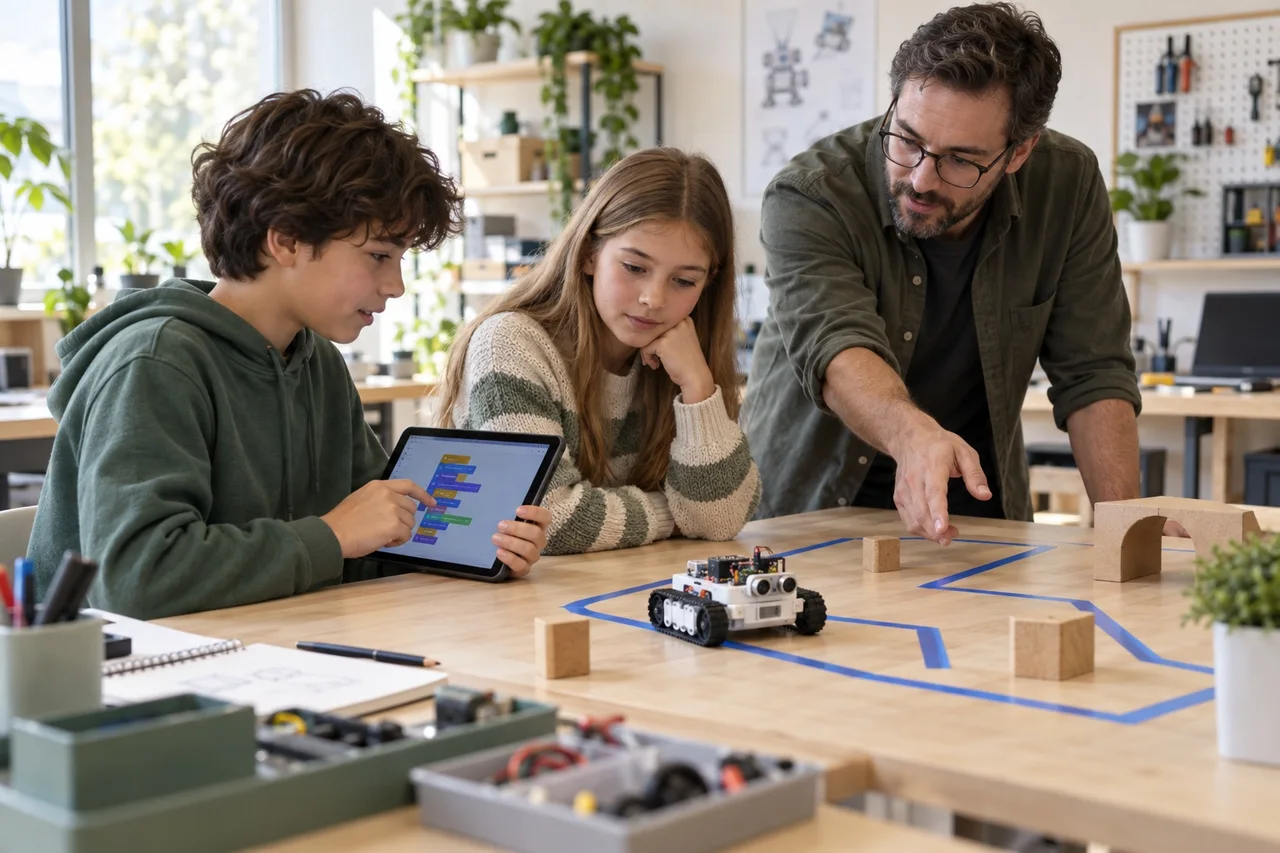 students and an educator programming a small tracked robot