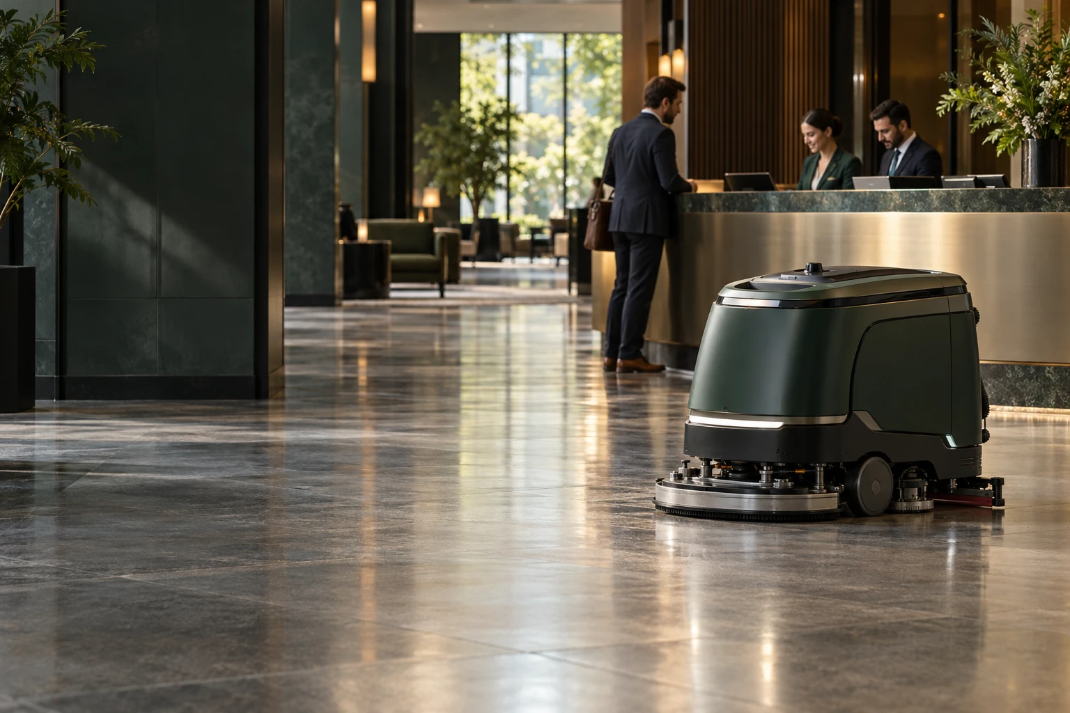 Illustration of a floor-cleaning robot working independently while reception staff assist a visitor