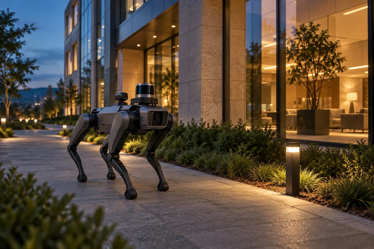 quadruped robot outside an office building