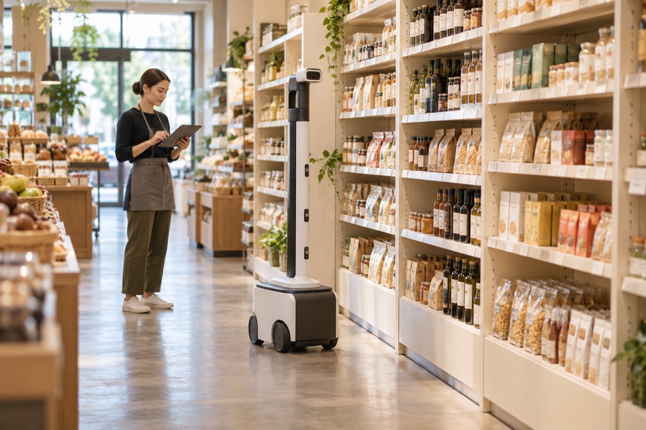 Shelf-scanning robot and employee reviewing stock in a retail store