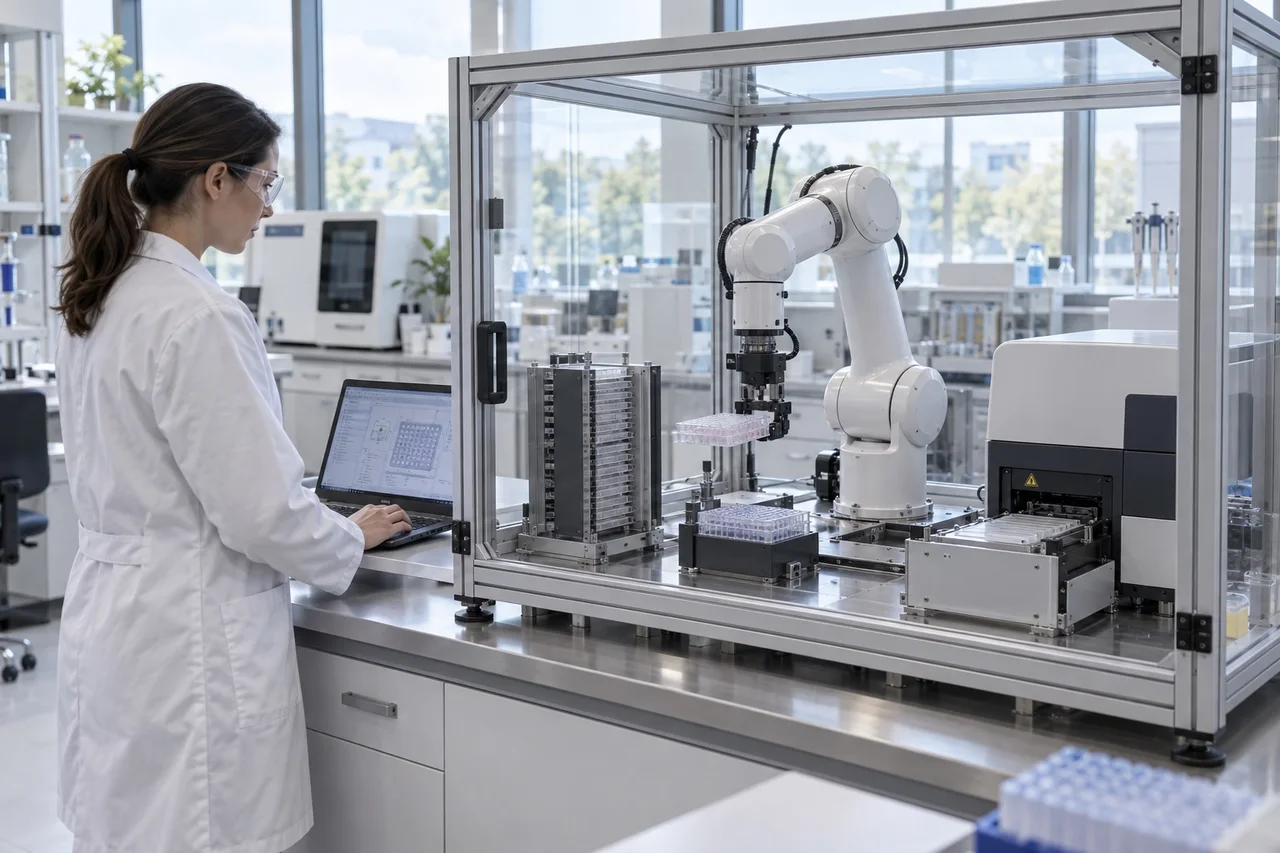scientist monitoring a robotic plate-handling arm inside a closed laboratory enclosure