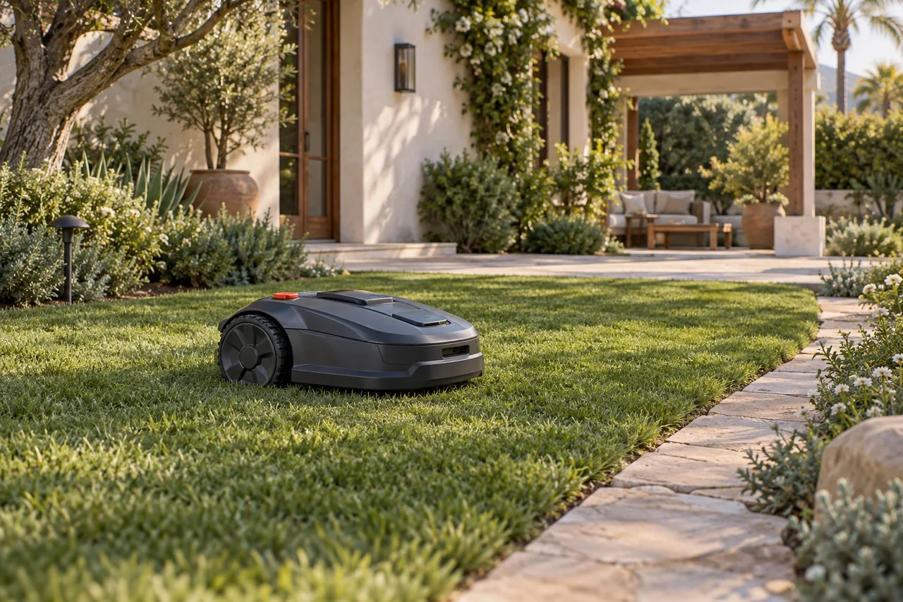 robotic mower working on a level lawn beside a landscaped home