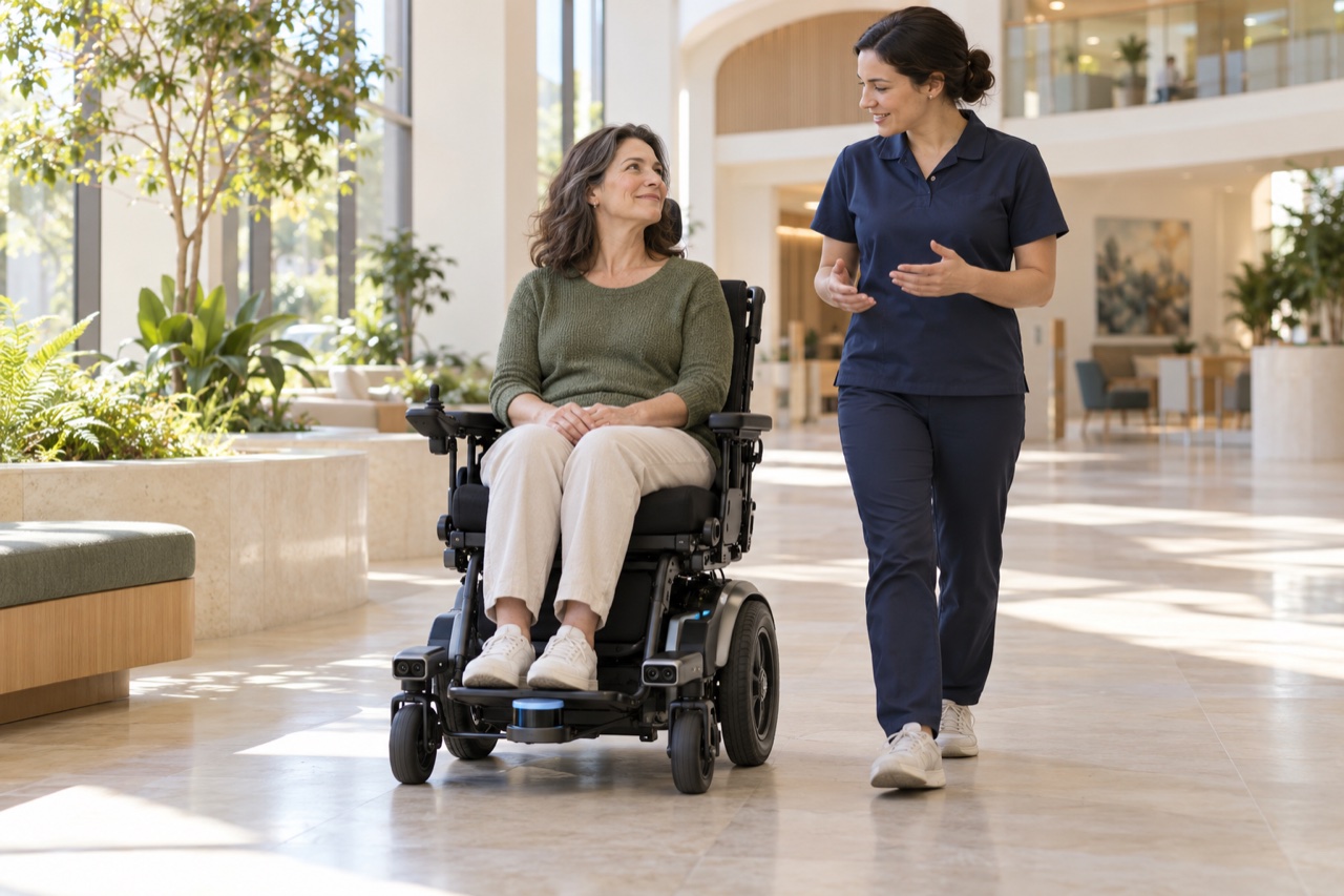Autonomous wheelchair concept with navigation sensors, rider’s hands resting in her lap and a therapist walking alongside