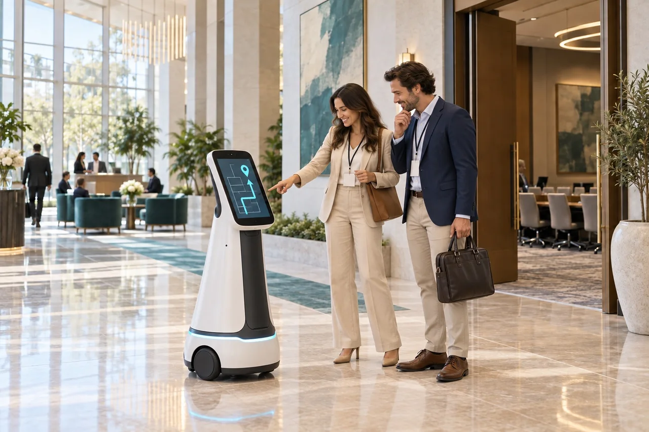 two visitors using a reception robot in a hotel lobby
