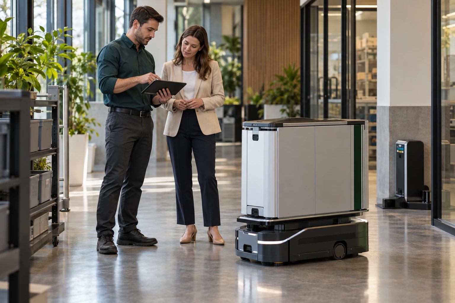 Illustration of a specialist explaining a mobile robot to an operations manager