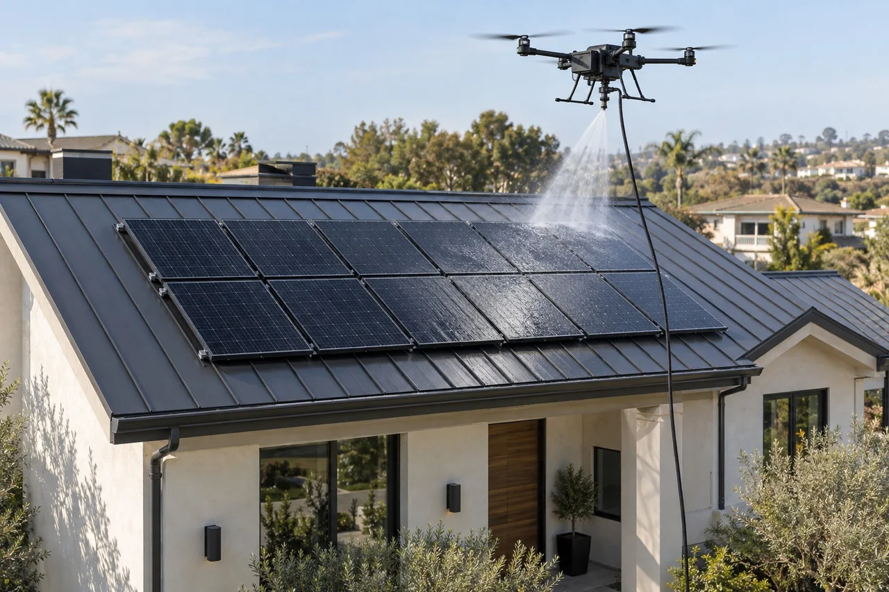 hose-fed cleaning drone hovering above solar panels on a pitched residential roof