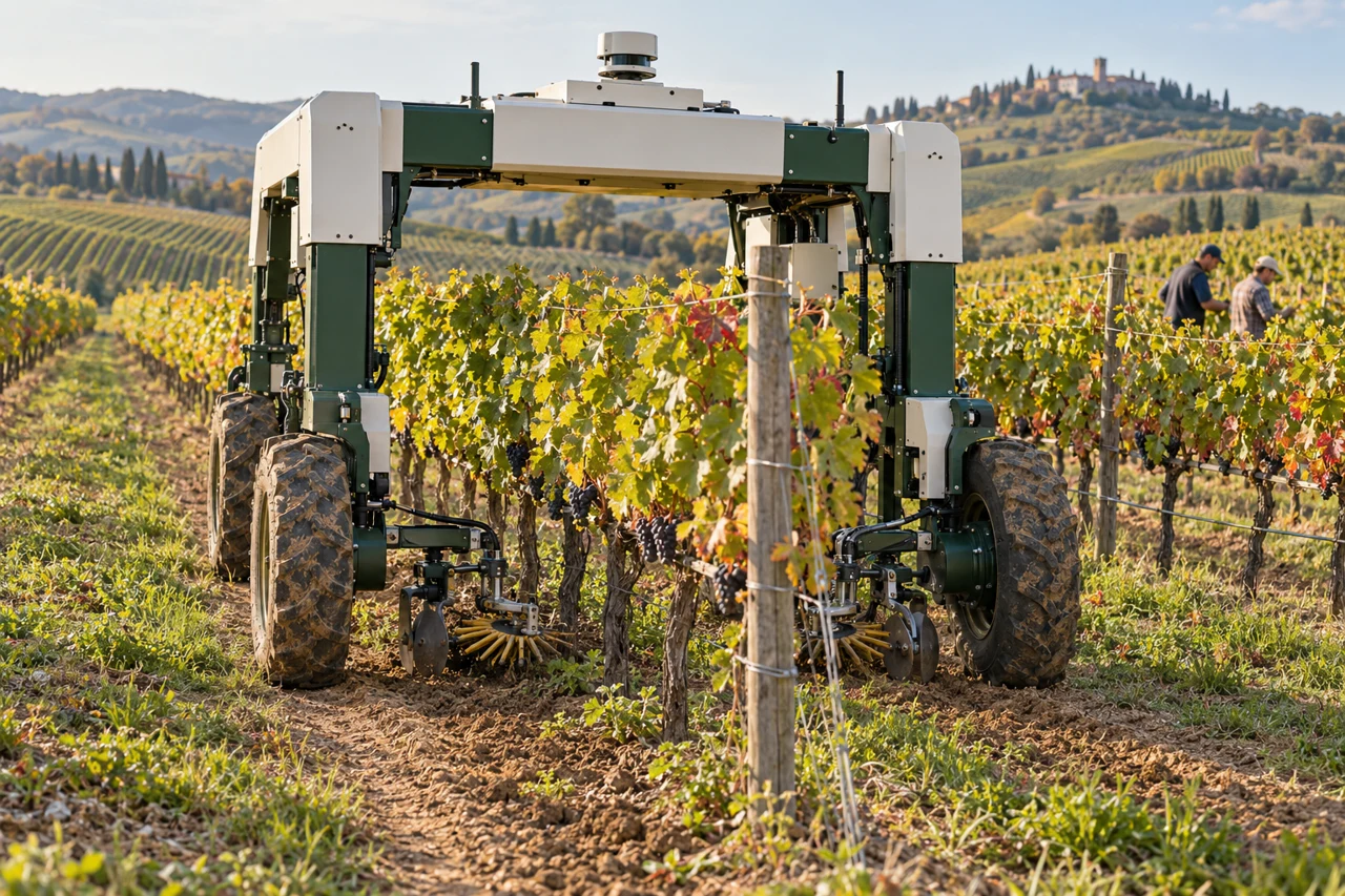 AI-generated illustration of a high-clearance vineyard robot with under-vine mechanical weeding tools