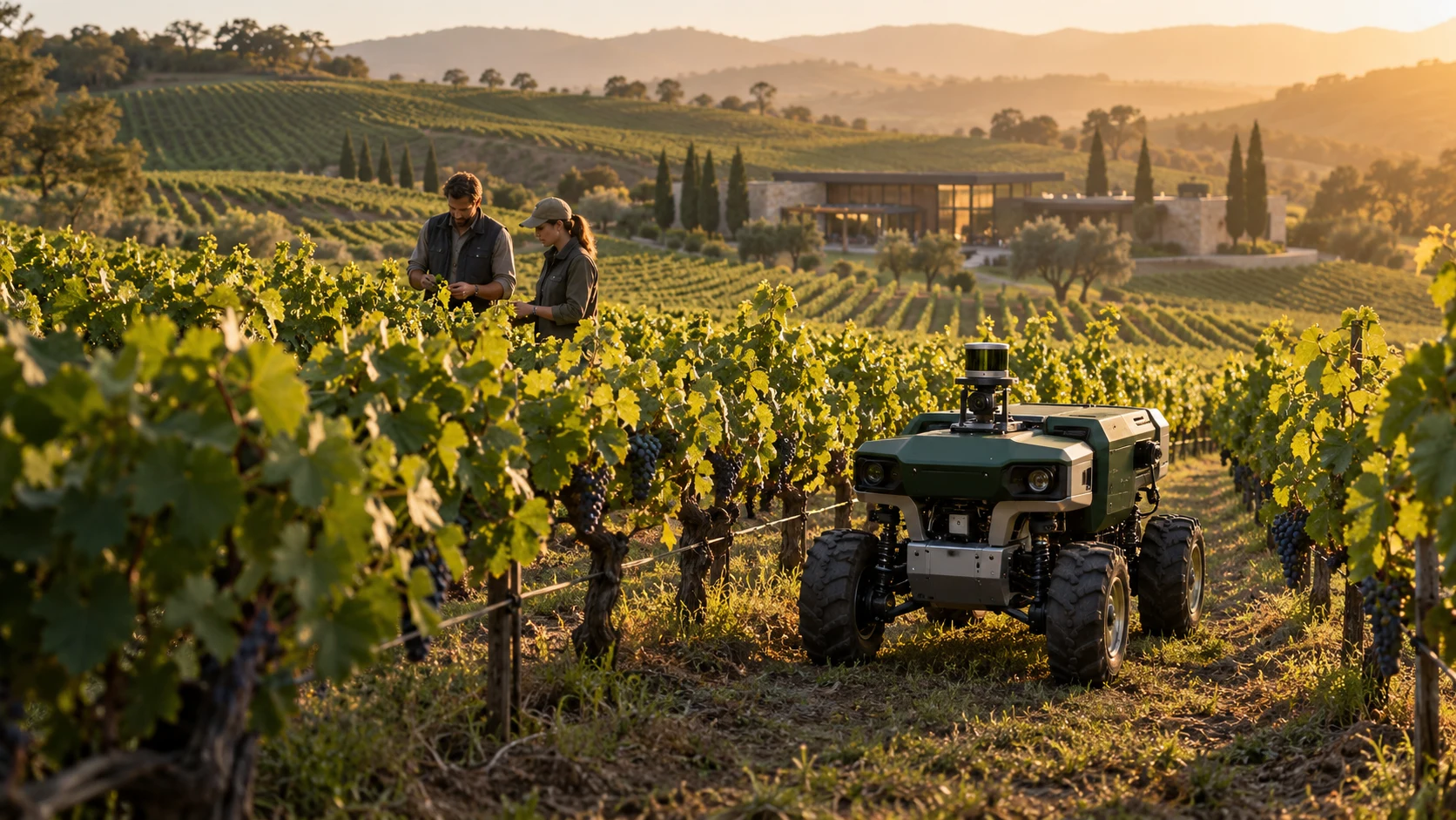AI-generated illustration of a vineyard rover inspecting vines while vineyard staff work nearby